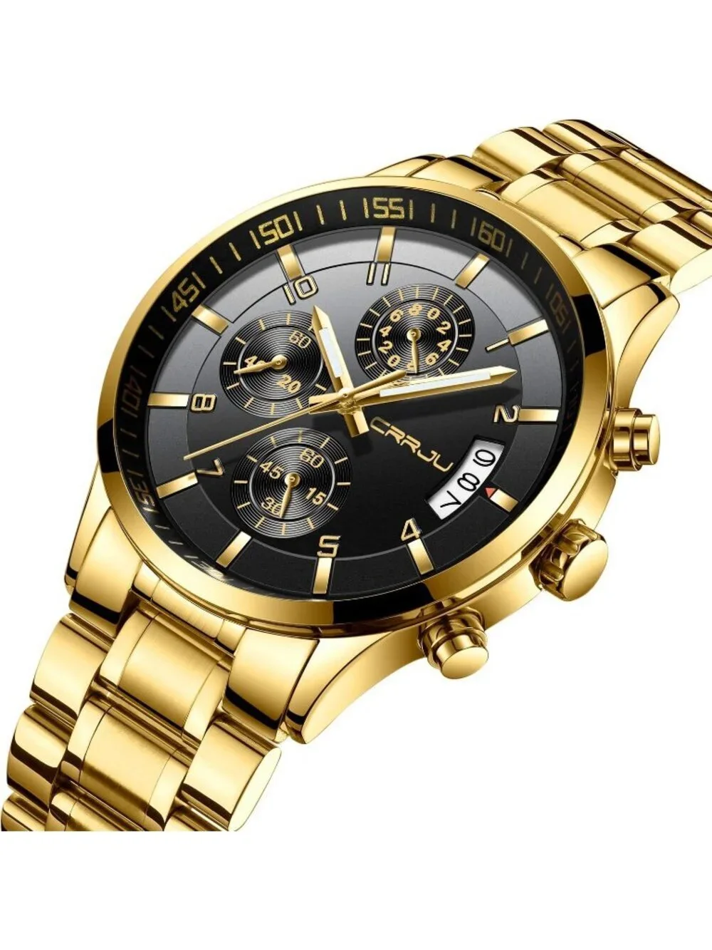 Mens Gold Black Analog Quartz Stainless Steel Waterproof Chronograph Wrist Watch